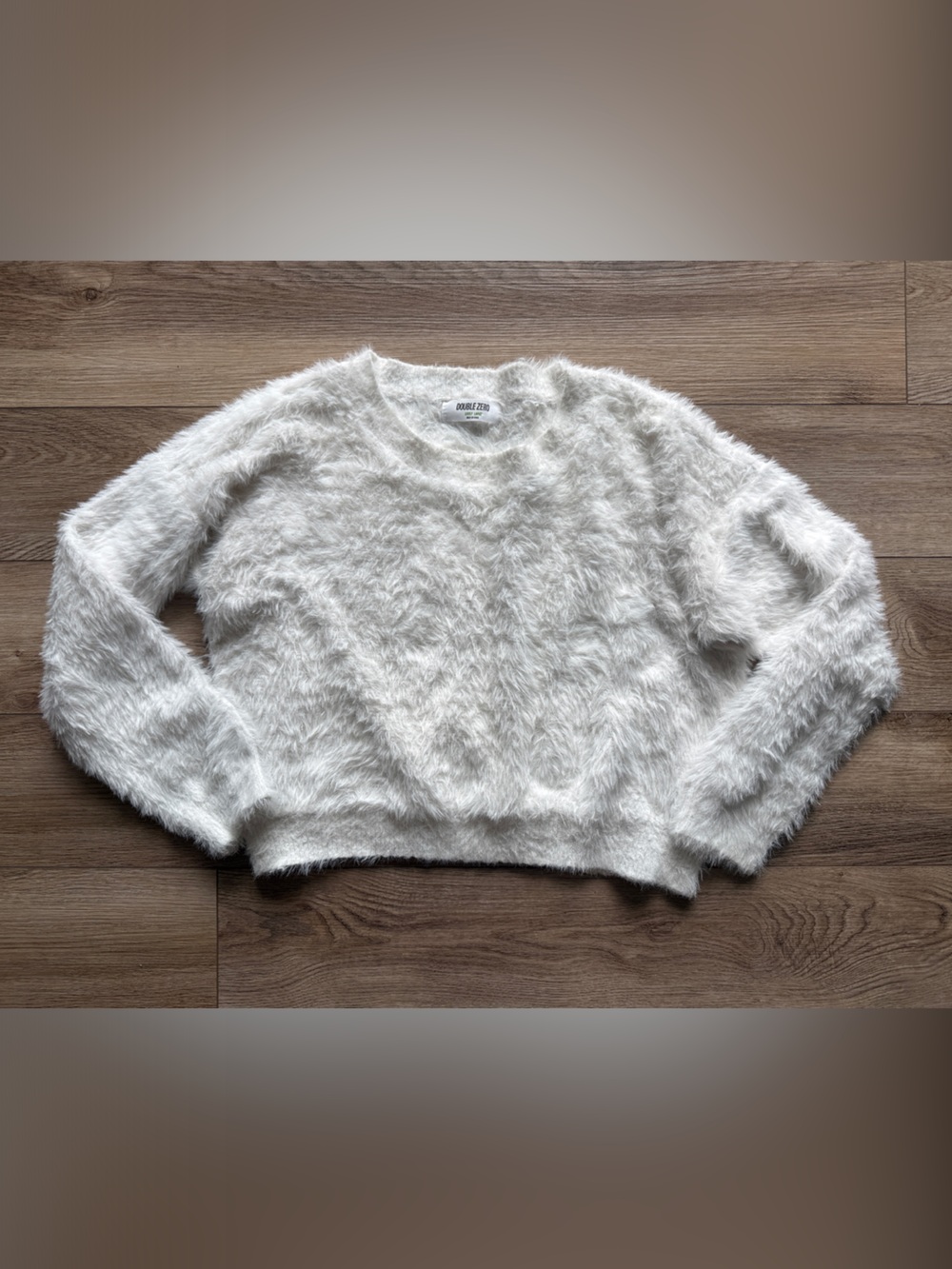 Cropped White Fuzzy Crewneck Sweater